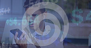 Image of financial data processing over man using smartphone