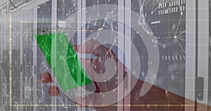 Image of financial data processing over man using smartphone with green screen