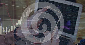 Image of financial data processing over man using smartphone