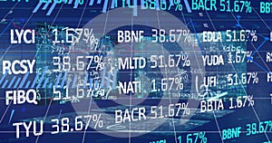 Image of financial data processing over mathematical equations on black background
