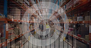 Image of financial data processing over men in warehouse