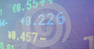 Image of financial data processing over modern buildings in cityscape