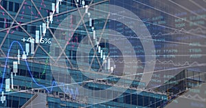 Image of financial data processing over office buildings and modern cityscape in the background