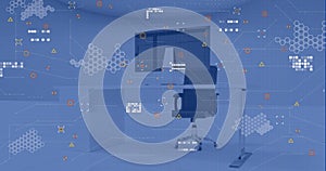 Image of financial data processing over office with computer on desk and chair