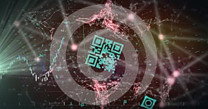 Image of financial data processing over qr code and connections