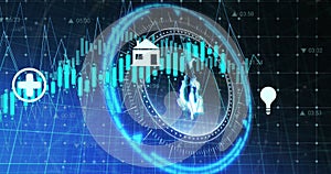 Image of financial data processing over scope scanning with bitcoin symbol on black background