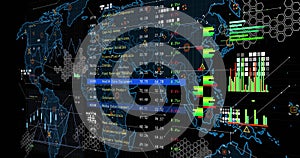 Image of financial data processing over screen and world map
