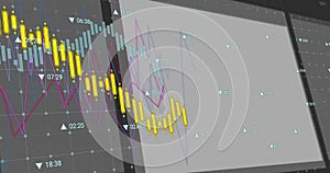 Image of financial data processing over screens on black background