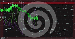 Image of financial data processing over screens on black background
