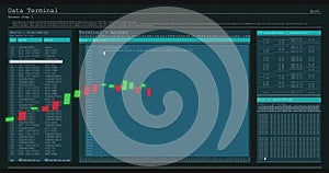 Image of financial data processing over screens on black background