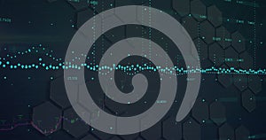 Image of financial data processing over shapes on black background