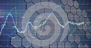 Image of financial data processing over shapes on blue background