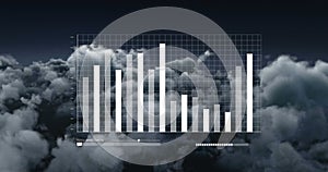 Image of financial data processing over sky with clouds