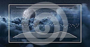 Image of financial data processing over sky with clouds