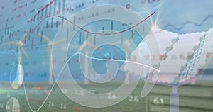 Image of financial data processing over solar panel