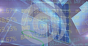 Image of financial data processing over solar panel