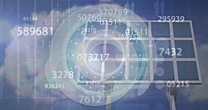 Image of financial data processing over solar panel