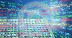 Image of financial data processing over solar panel