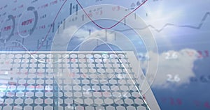 Image of financial data processing over solar panel