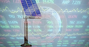 Image of financial data processing over solar panel and globe on blue background