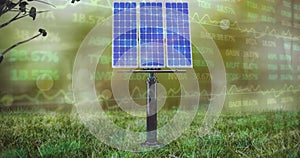 Image of financial data processing over solar panel on grass and green background