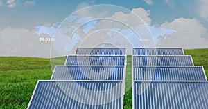 Image of financial data processing over solar panels and landscape