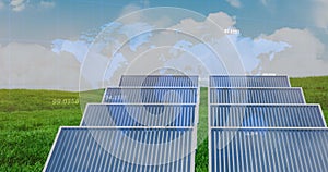 Image of financial data processing over solar panels and landscape