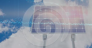 Image of financial data processing over solar panels and landscape