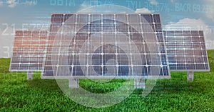 Image of financial data processing over solar panels and landscape