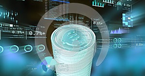 Image of financial data processing over stack of euro coins