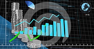 Image of financial data processing over stack of silver coins