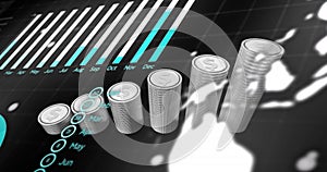 Image of financial data processing over stacks of american dollar silver coins