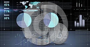 Image of financial data processing over stacks of bitcoins