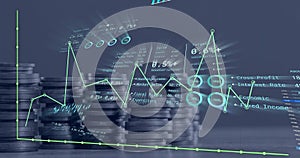 Image of financial data processing over stacks of coins