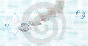 Image of financial data processing over stacks of coins