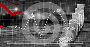 Image of financial data processing over stacks of silver coins