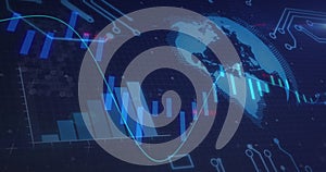 Image of financial data processing over statistics and globe