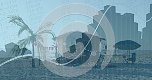 Image of financial data processing over wind beach landscape