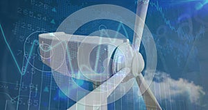 Image of financial data processing over wind turbine
