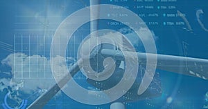 Image of financial data processing over wind turbine