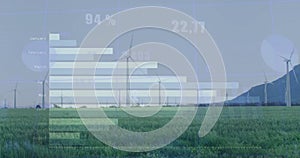 Image of financial data processing over wind turbines