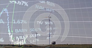 Image of financial data processing over wind turbines