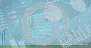 Image of financial data processing over wind turbines