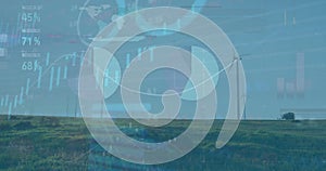 Image of financial data processing over wind turbines