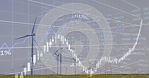 Image of financial data processing over wind turbines