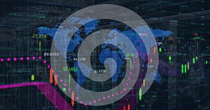 Image of financial data processing over world map against empty computer server room