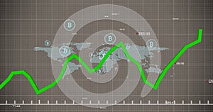 Image of financial data processing over world map and bitcoin symbols