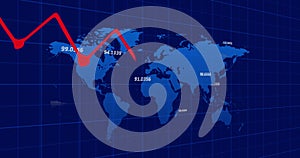 Image of financial data processing over world map on black background