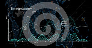 Image of financial data processing over world map on black background