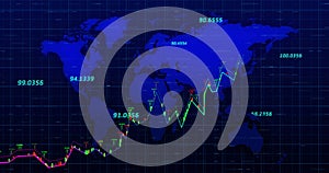 Image of financial data processing over world map on black background